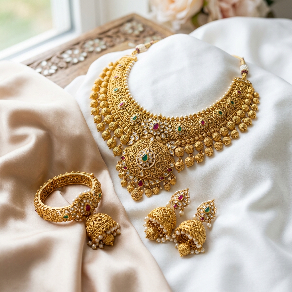 Hand-finished 22K gold necklace, bangles and earrings