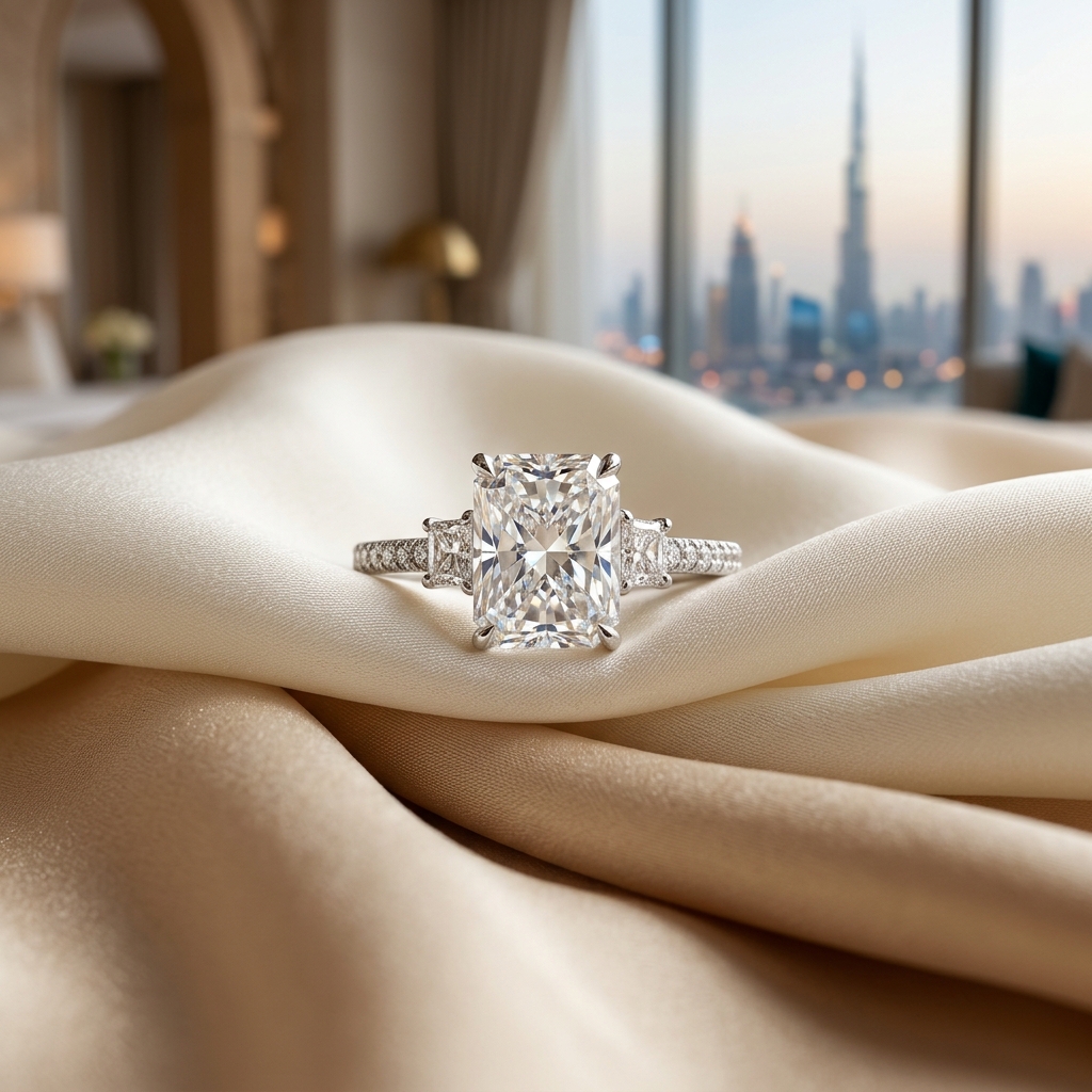 A diamond ring on ivory silk overlooking the Dubai skyline