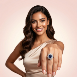 Diamond & Blue Sapphire Halo Ring in 18K White Gold — image 4