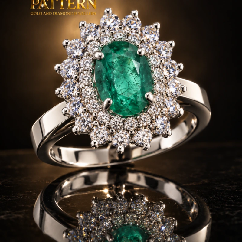 Diamond & Emerald Halo Ring in 18K White Gold