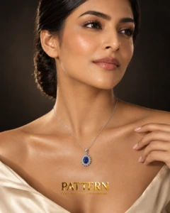 Diamond & Blue Sapphire Halo Pendant with Chain in 18K White Gold