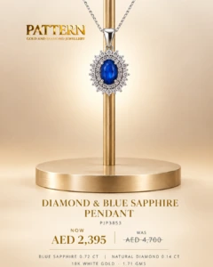 Diamond & Blue Sapphire Halo Pendant with Chain in 18K White Gold — image 3