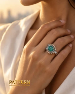 Diamond & Emerald Halo Ring in 18K White Gold — image 7